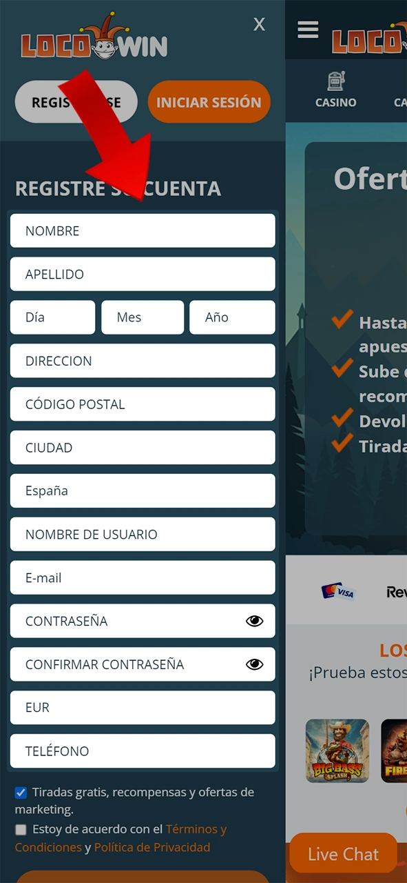 Fill in the required fields to register with LocoWin.