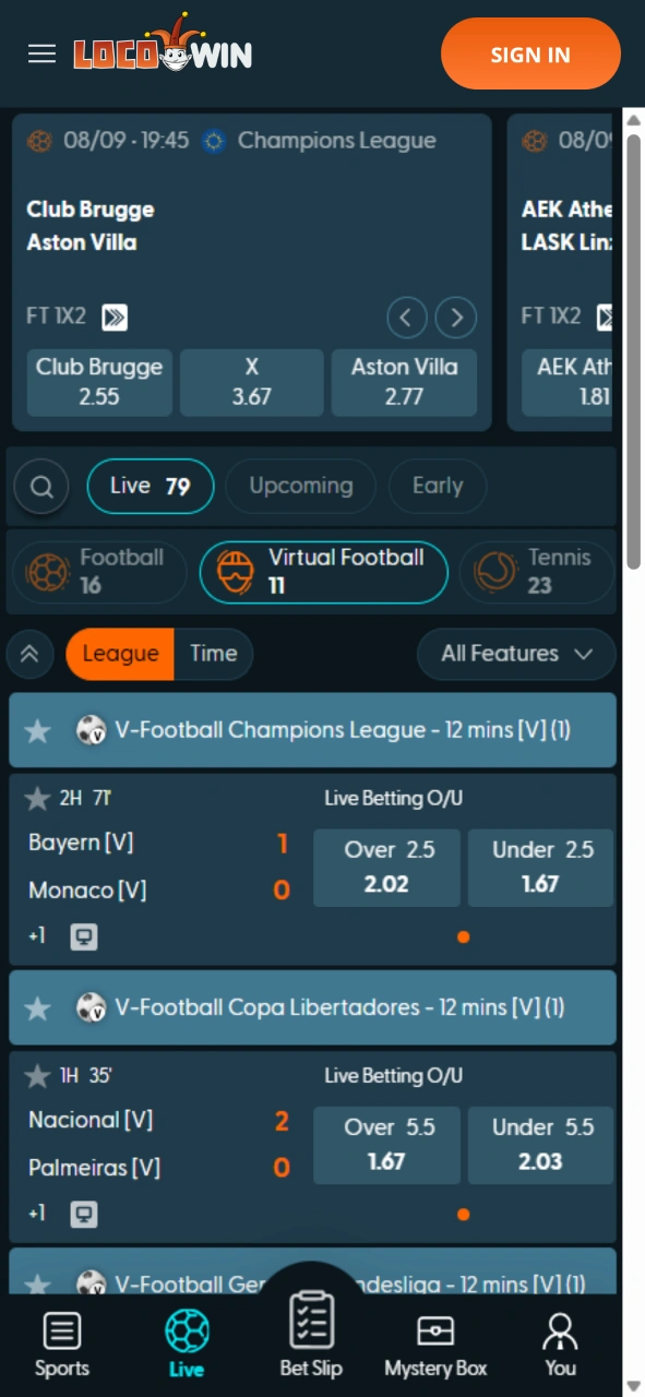 Sports section of LocoWin.