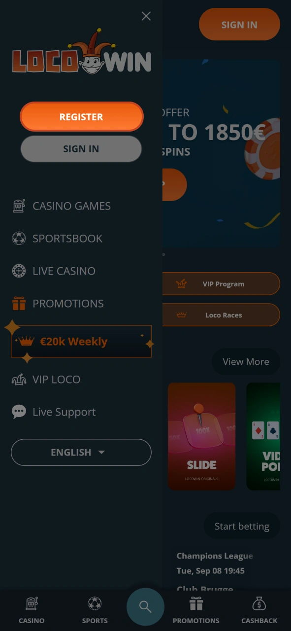 Click Register button to create a LocoWin account.
