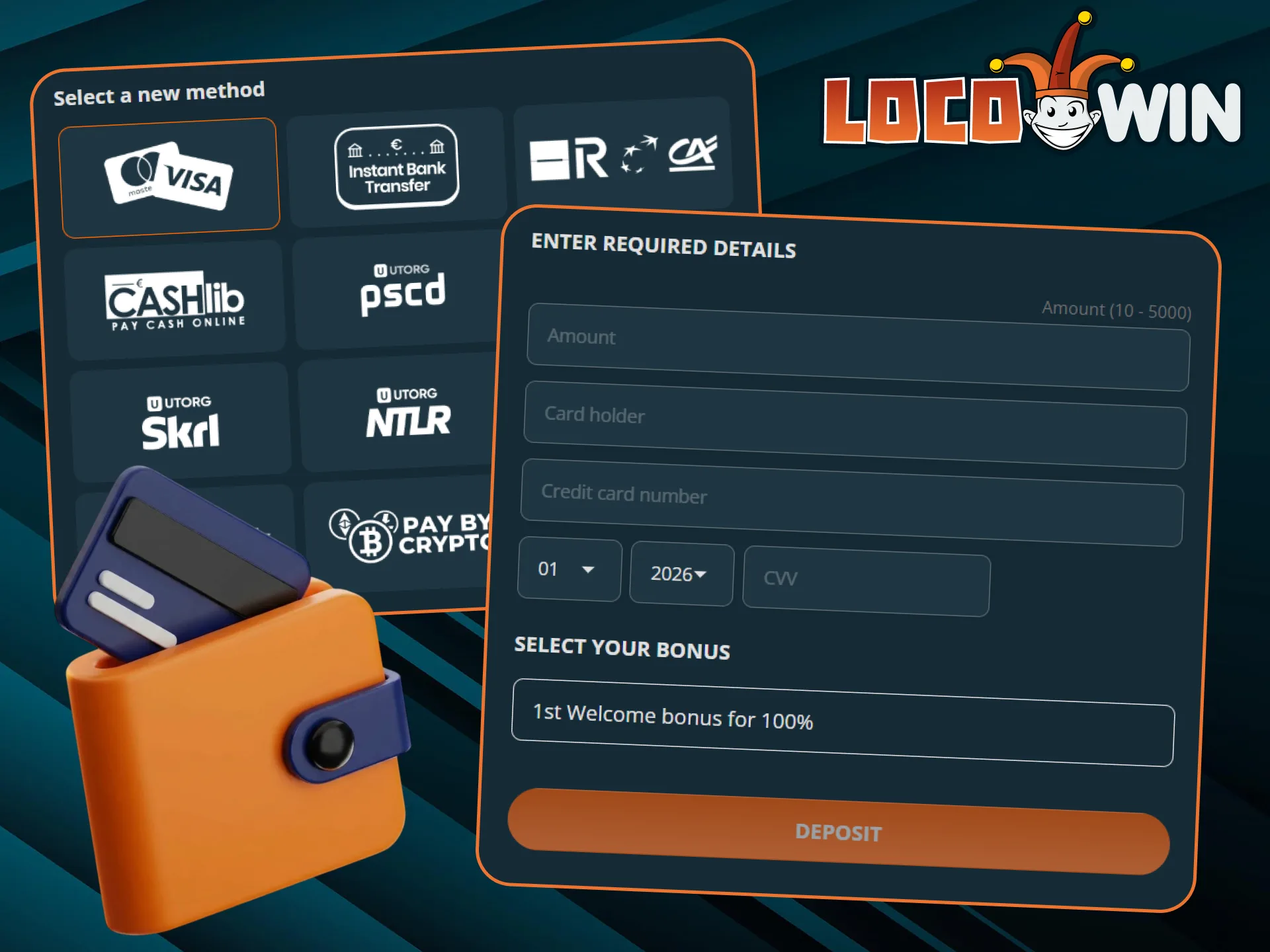 Deposit money quickly and securely on the official LocoWin Casino website.