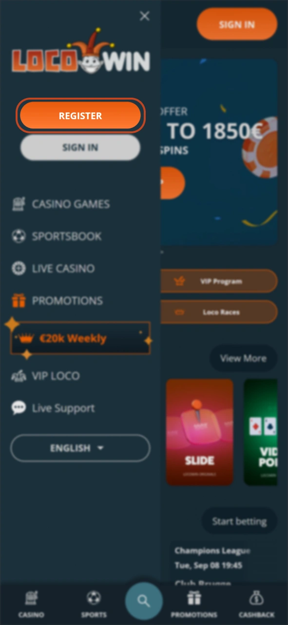 Click the Register button to create a LocoWin account.