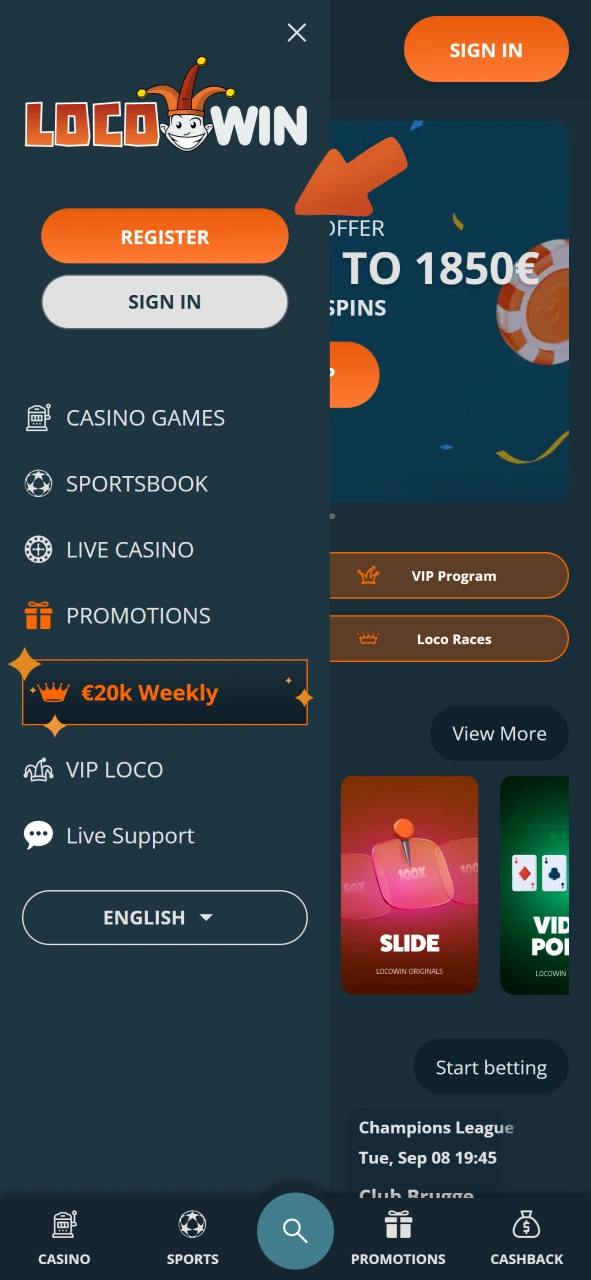 To begin registering with LocoWin click on the Register button.