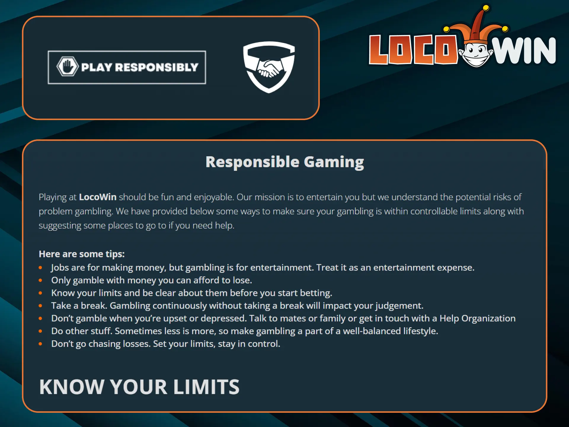 Play responsibly with LocoWin's self-control tools.